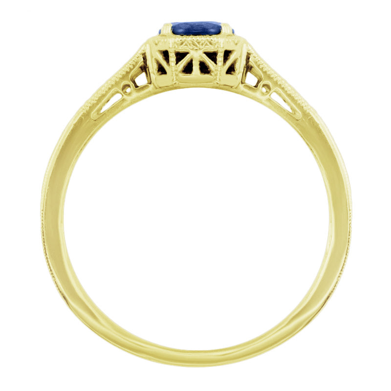 Art Deco Yellow Gold Filigree Blue Sapphire Engagement Ring with Sculptural Engraving and Side Diamonds - Item: R298Y14S - Image: 2