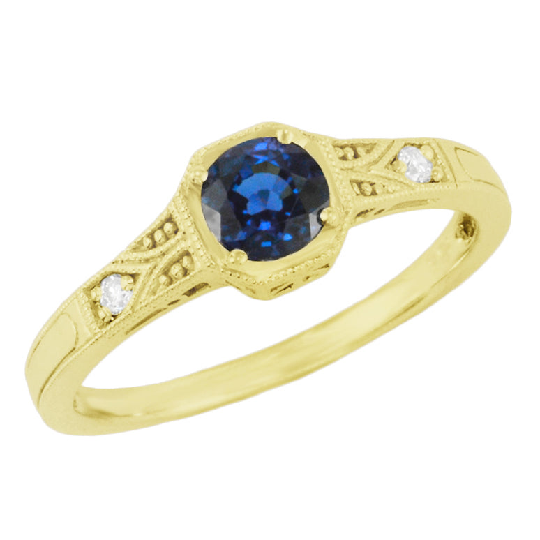Art Deco Yellow Gold Filigree Blue Sapphire Engagement Ring with Sculptural Engraving and Side Diamonds