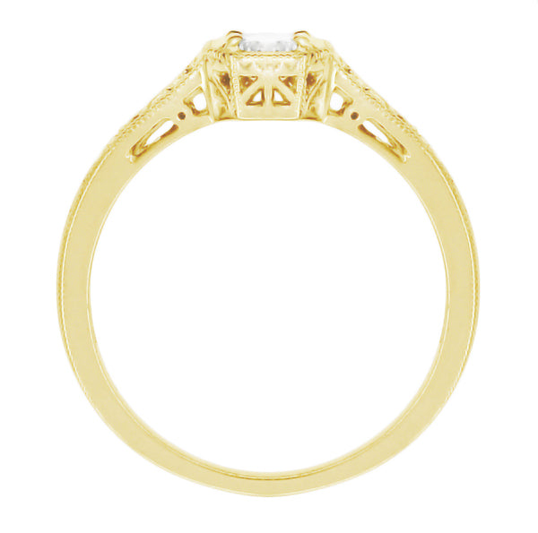 Side of Yellow Gold Vintage Art Deco Filigree White Sapphire Engagement Ring