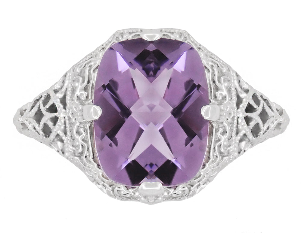 Rectangular Elongated Cushion Cut Amethyst Antique Ring With Filigree and Art Deco Engraving in White Gold - R324