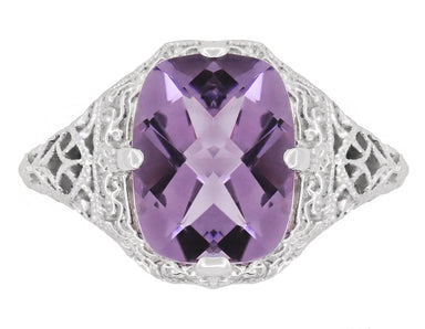 Art Deco Flowers and Leaves Elongated Cushion Cut Lilac Amethyst Filigree Ring in 14 Karat White Gold - alternate view