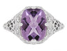 Rectangular Elongated Cushion Cut Amethyst Antique Ring With Filigree and Art Deco Engraving in White Gold - R324
