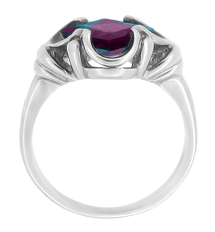 Victorian Waves Square 2.25 Carat Lab Grown Alexandrite Ring in 14 Karat White Gold - Item: R325WAL - Image: 2