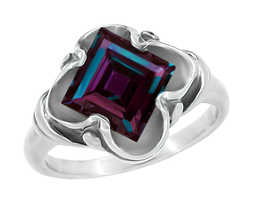 Victorian Waves Square 2.25 Carat Lab Grown Alexandrite Ring in 14 Karat White Gold
