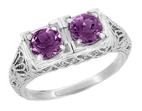 Art Deco Two Stone Amethyst Duo Filigree Ring in 14 Karat White Gold