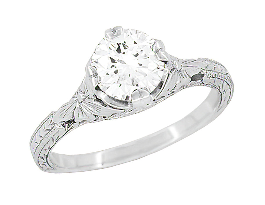 1920's Art Deco Filigree Flowers Platinum 3/4 Carat Vintage Style Engagement Ring Setting for a 6mm Round Stone - Item: R356P75 - Image: 2