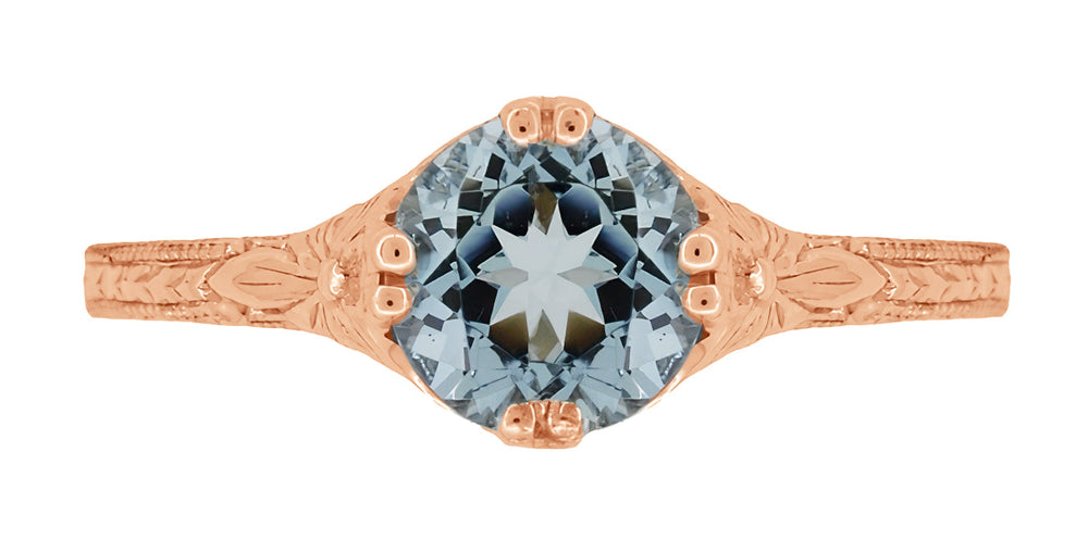 14K Rose Gold Art Deco Filigree Flowers and Wheat Engraved Solitaire Aquamarine Engagement Ring - Item: R356R75A - Image: 4