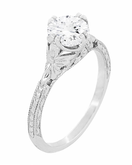 Art Deco Flowers 1/2 Carat Filigree Antique Engagement Ring Setting Design for a 5mm Round Stone in 14K or 18K White Gold