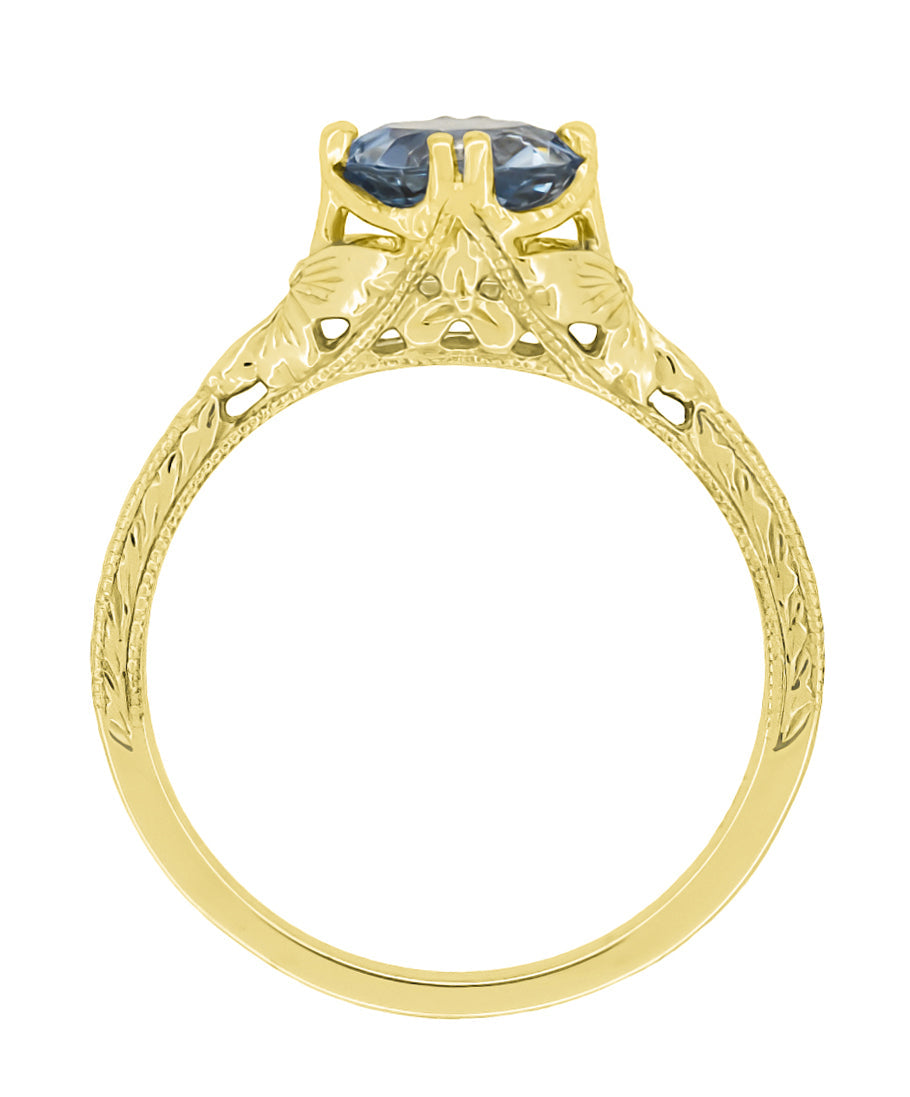Art Deco Yellow Gold Filigree Flowers & Wheat Engraved Aquamarine Solitaire Engagement Ring - Item: R356Y75A - Image: 4
