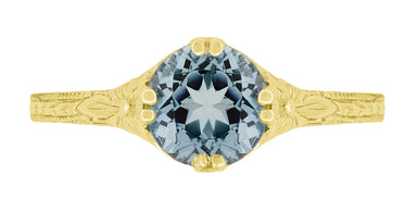 Art Deco Yellow Gold Filigree Flowers & Wheat Engraved Aquamarine Solitaire Engagement Ring - alternate view
