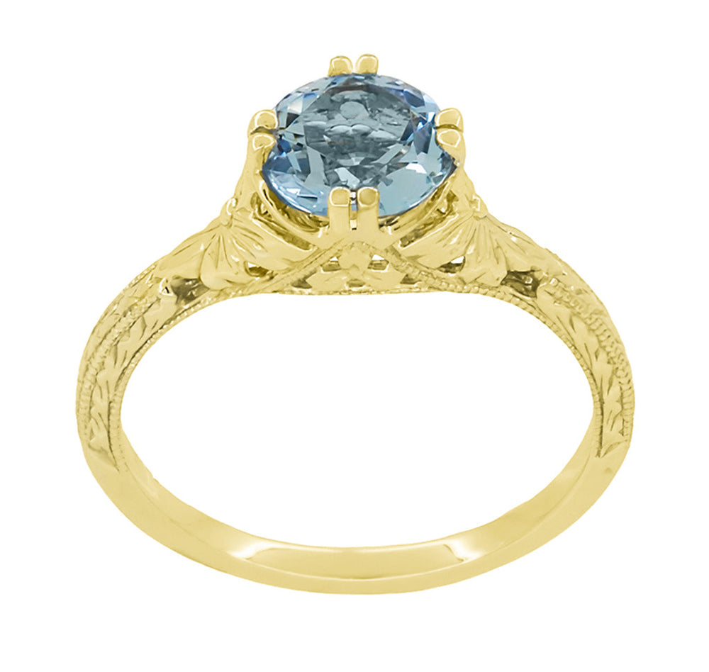 Art Deco Yellow Gold Filigree Flowers & Wheat Engraved Aquamarine Solitaire Engagement Ring - Item: R356Y75A - Image: 3