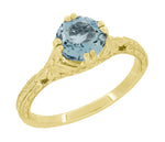 Art Deco Yellow Gold Filigree Flowers & Wheat Engraved Aquamarine Solitaire Engagement Ring
