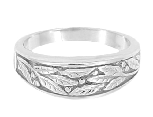 Mid Century Modern Carved Olive Leaves Mens Tapered Ring in White Gold - 6.8mm Wide - Item: R401M10 - Image: 3