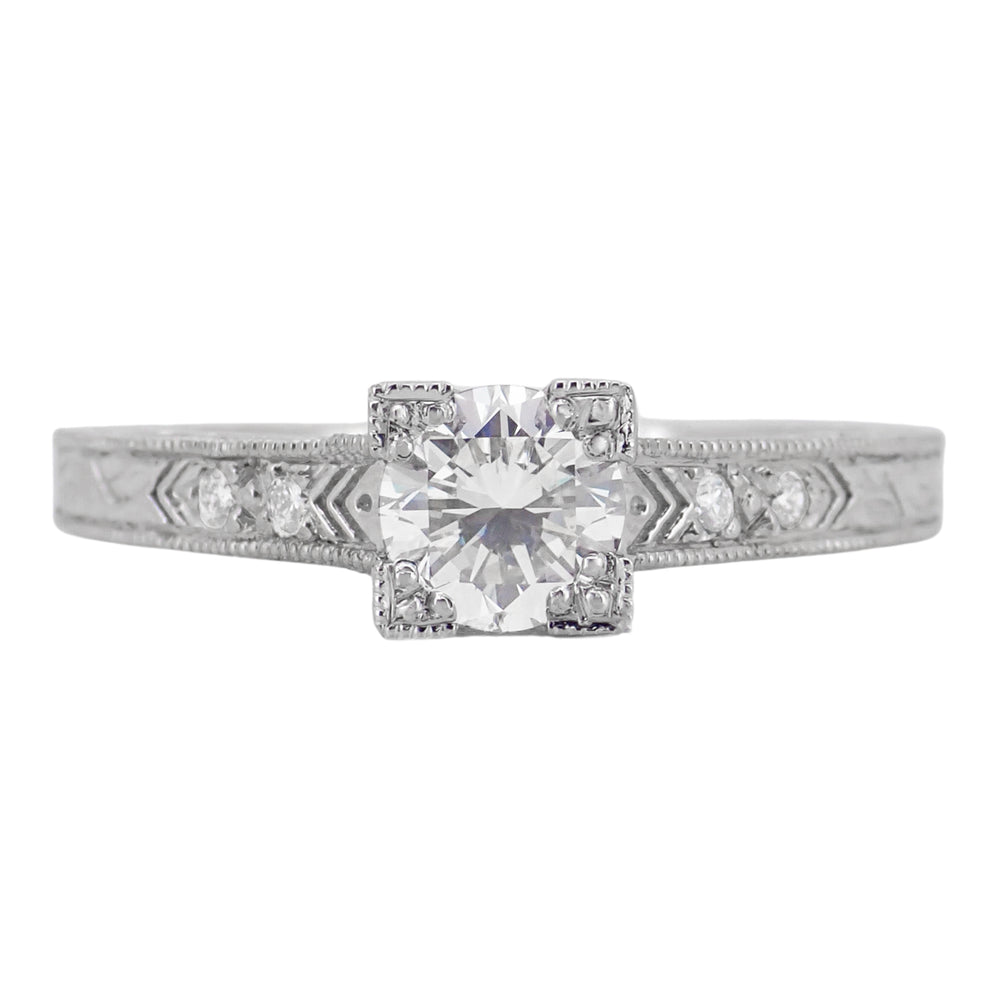 Art Deco Platinum Diamond Engagement Ring with 0.60 Carat EGL Certified Center Diamond in Hand Engraved Fishtail Setting - Item: R408D-4 - Image: 4