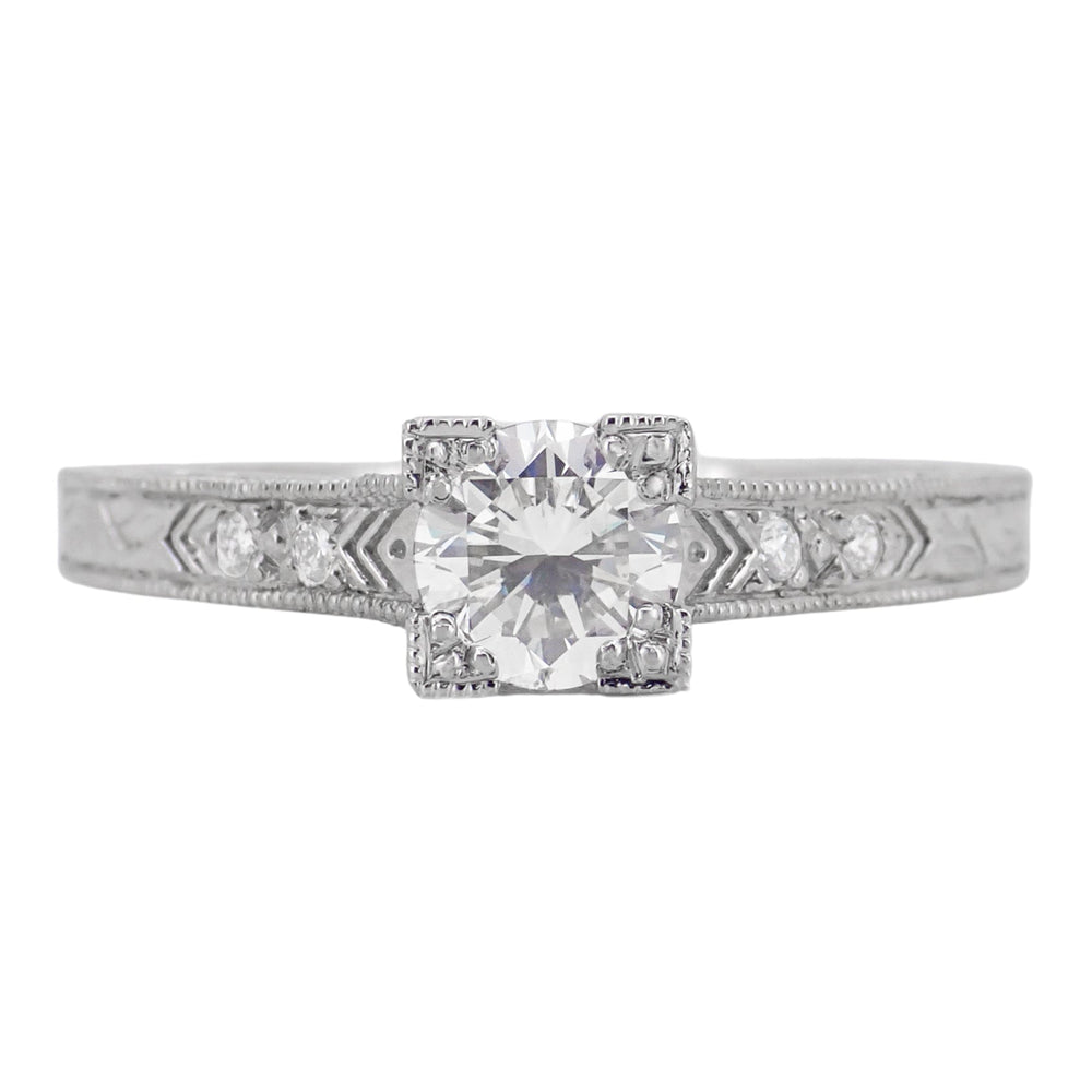 Art Deco Platinum Diamond Engagement Ring with 0.60 Carat Center Diamond in Hand Engraved Fishtail Setting - Item: R408D - Image: 4