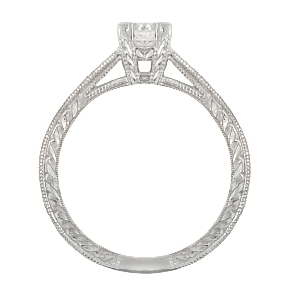 Art Deco Platinum Diamond Engagement Ring with 0.60 Carat EGL Certified Center Diamond in Hand Engraved Fishtail Setting - Item: R408D-4 - Image: 2