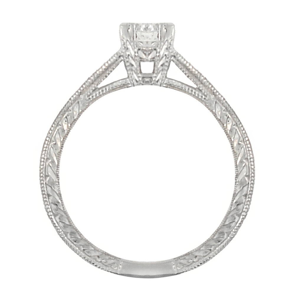 Art Deco Platinum Diamond Engagement Ring with 0.60 Carat Center Diamond in Hand Engraved Fishtail Setting - Item: R408D - Image: 2