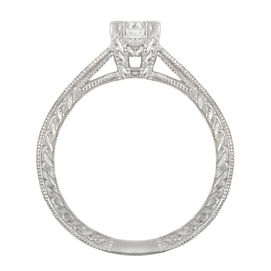Art Deco Platinum Diamond Engagement Ring with 0.60 Carat Center Diamond in Hand Engraved Fishtail Setting - alternate view