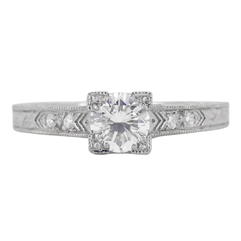 Vintage Engraved Art Deco Diamond Engagement Ring in White Gold - Item: R408WD75-LC - Image: 3