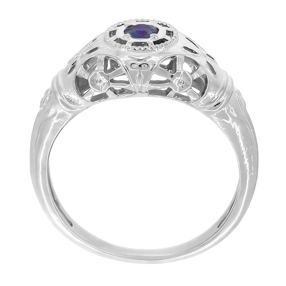Low Dome Floral Filigree 1920's Art Deco Alexandrite Ring in White Gold - Item: R428WAL-LC - Image: 4