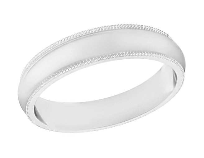 White Gold Wedding Band 4mm Milgrain Edge Half Round Vintage Ring Style - Recycled 14K or 18K White Gold