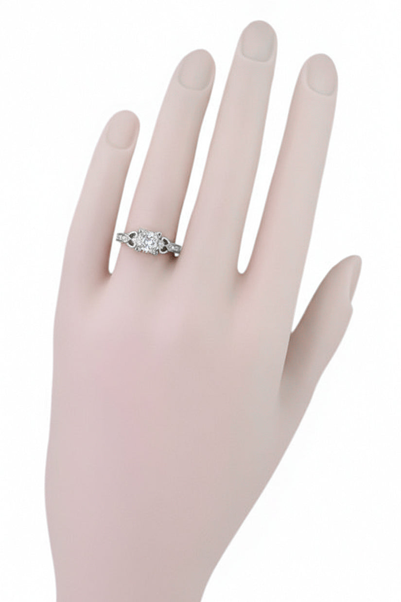 Art Deco Platinum Loving Hearts 1 Carat Square Princess Cut Diamond Engraved Engagement Ring - Item: R459P1D-LC - Image: 5