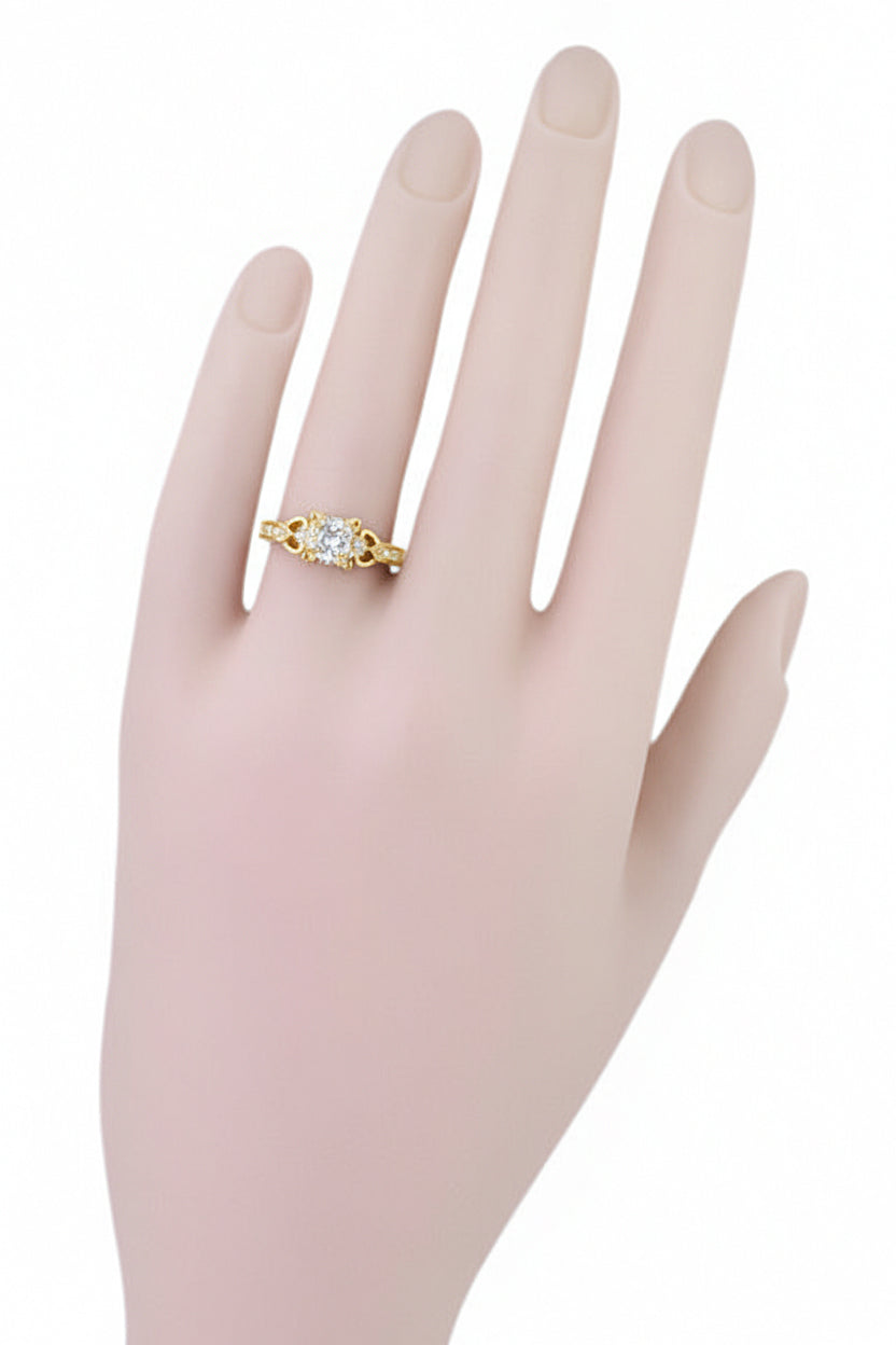 Yellow Gold Loving Hearts 1 Carat Princess Cut Diamond Antique Style Engraved Art Deco Engagement Ring - Item: R459Y1D14K-LC - Image: 5