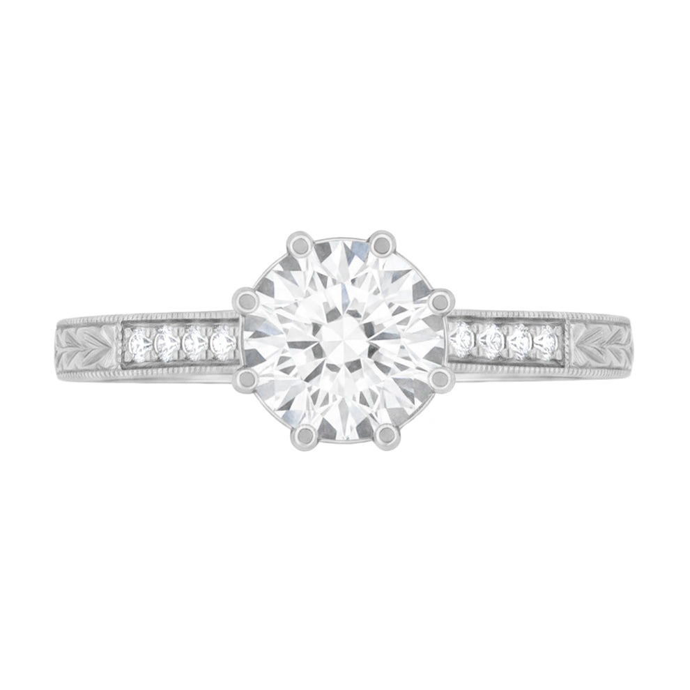 Royal Crown 1 - 1.25 Carat Antique Style Engraved Platinum Engagement Ring Setting - Item: R460P1-LC - Image: 3