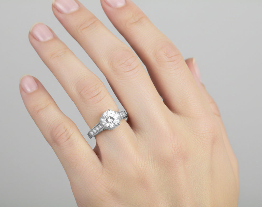 Royal Crown 1 - 1.25 Carat Antique Style Engraved Platinum Engagement Ring Setting - Item: R460P1-LC - Image: 4