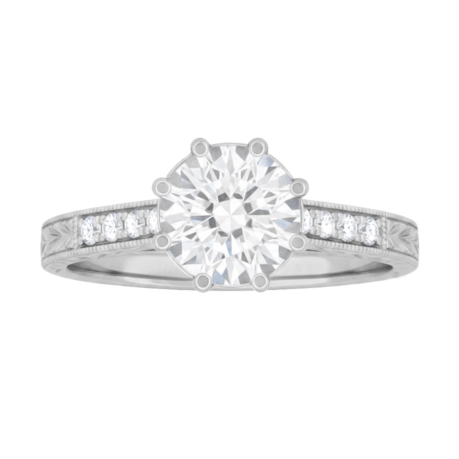 Royal Crown 1 - 1.25 Carat Antique Style Engraved Platinum Engagement Ring Setting - Item: R460P1-LC - Image: 2