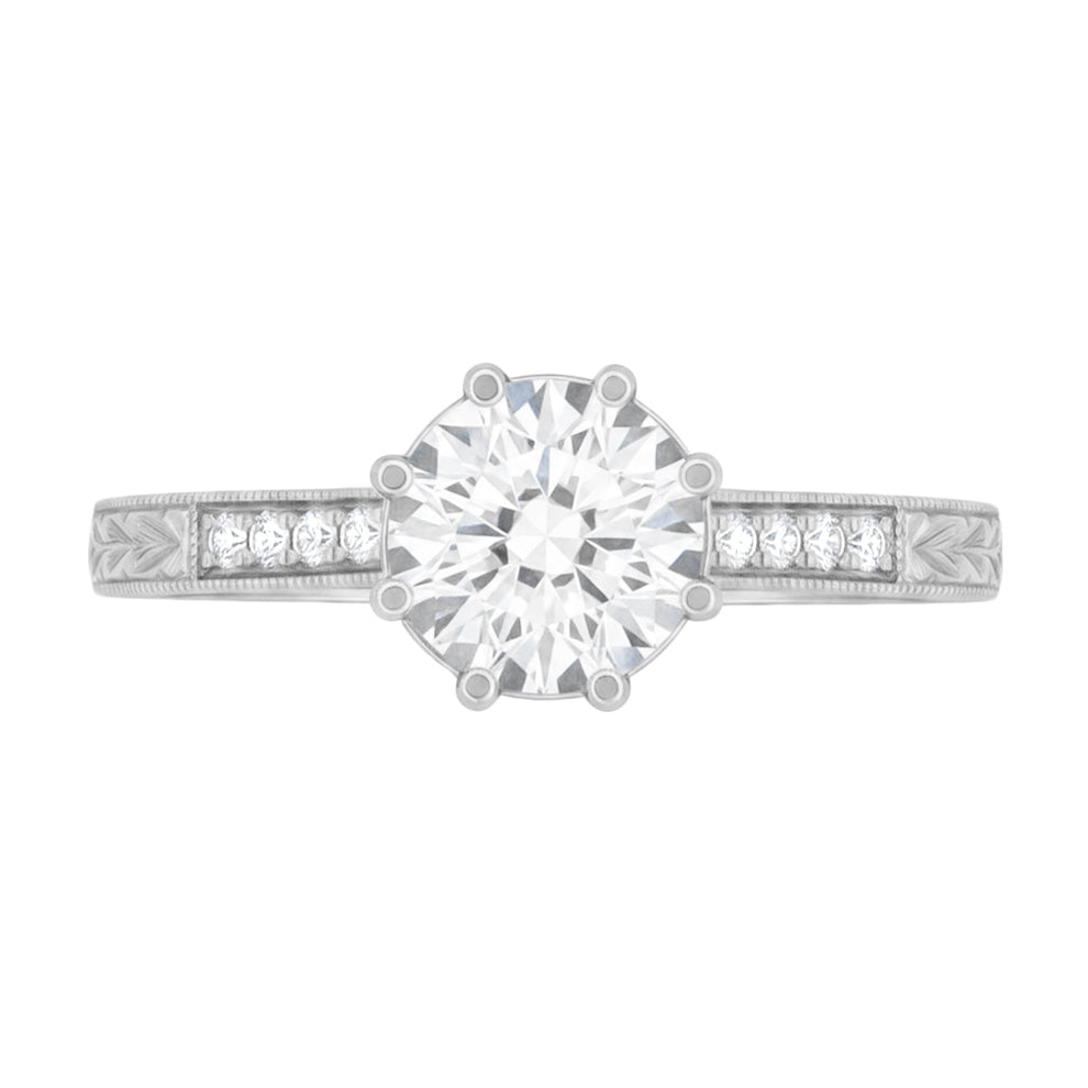 Royal Crown Antique Style Engraved White Gold Engagement Ring Setting for a 1 - 1.25 Carat Round Diamond - Item: R460W14K1-LC - Image: 4