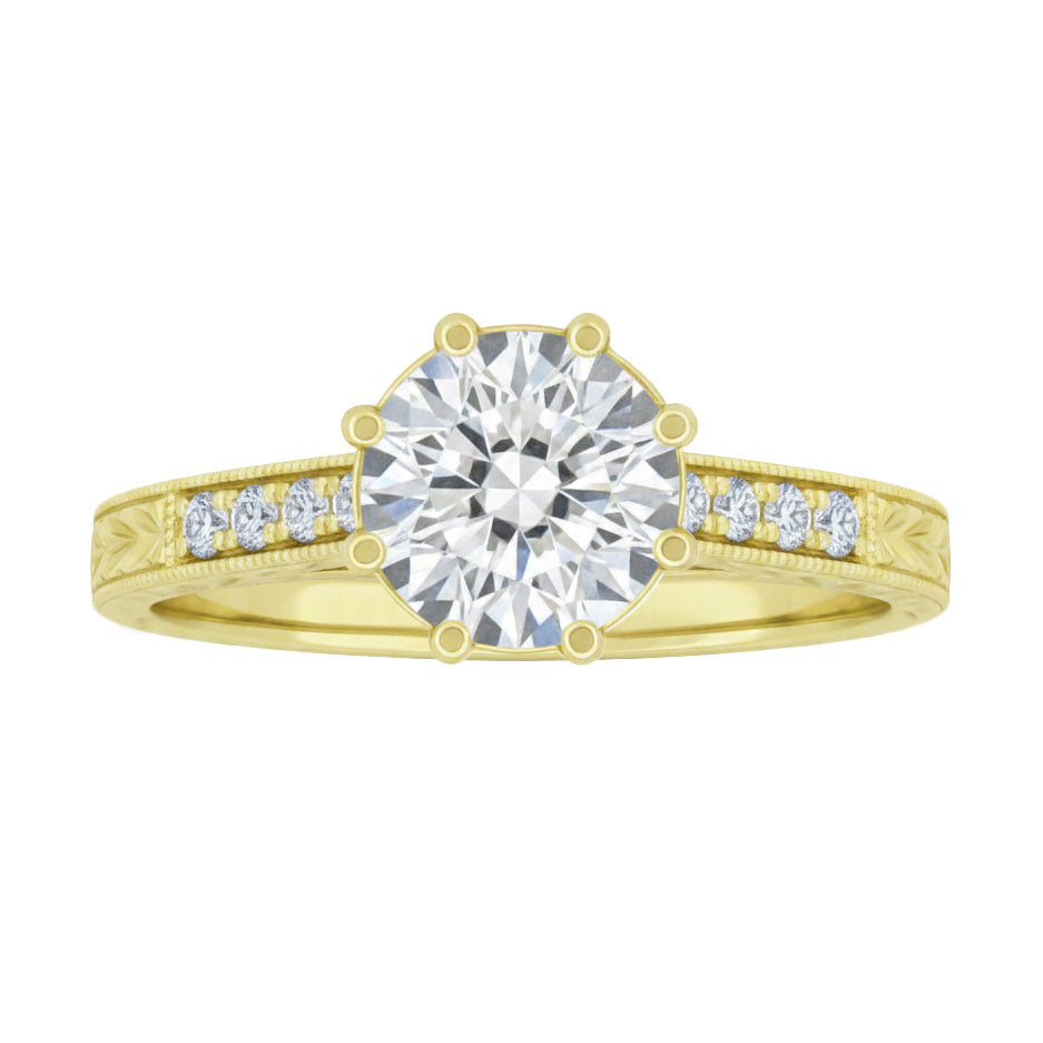 Vintage Inspired Yellow Gold Royal Crown Yellow Engagement Ring Setting for a 1 - 1.25 Carat Round Diamond - Item: R460Y14K1-LC - Image: 4