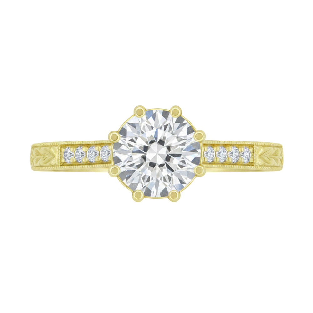 Vintage Inspired Yellow Gold Royal Crown Yellow Engagement Ring Setting for a 1 - 1.25 Carat Round Diamond - Item: R460Y14K1 - Image: 3