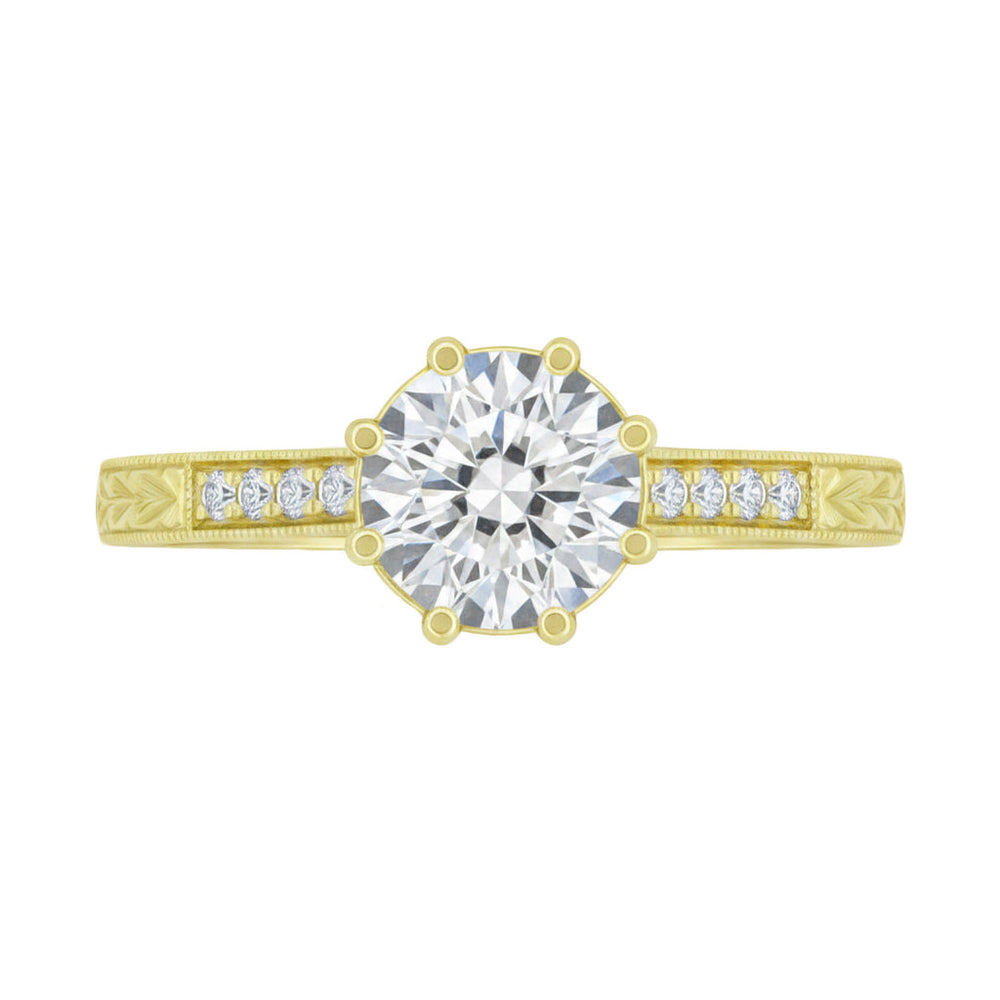 Vintage Inspired Yellow Gold Royal Crown Yellow Engagement Ring Setting for a 1 - 1.25 Carat Round Diamond - Item: R460Y14K1-LC - Image: 3
