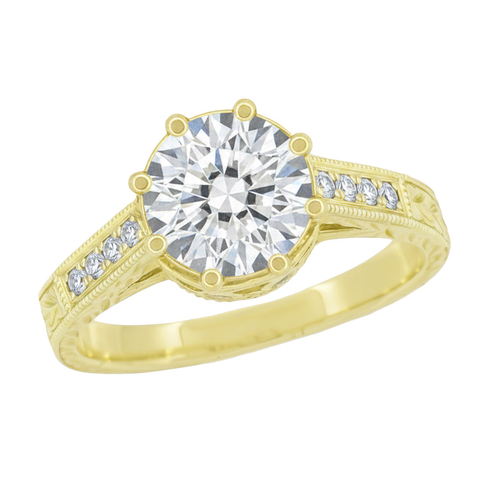 Vintage Inspired Yellow Gold Royal Crown Yellow Engagement Ring Setting for a 1 - 1.25 Carat Round Diamond - Item: R460Y14K1-LC - Image: 2