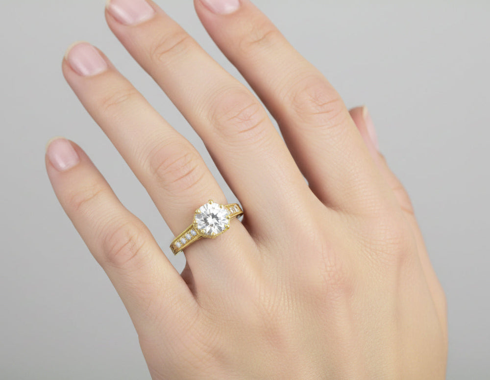 Vintage Inspired Yellow Gold Royal Crown Yellow Engagement Ring Setting for a 1 - 1.25 Carat Round Diamond - Item: R460Y14K1-LC - Image: 5