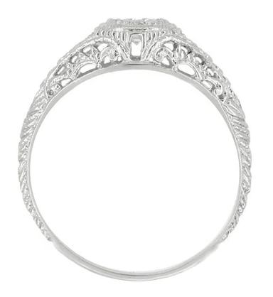 Art Deco Vintage Engraved Filigree Diamond Engagement Ring with Emerald Side Stones in 14 Karat White Gold - alternate view