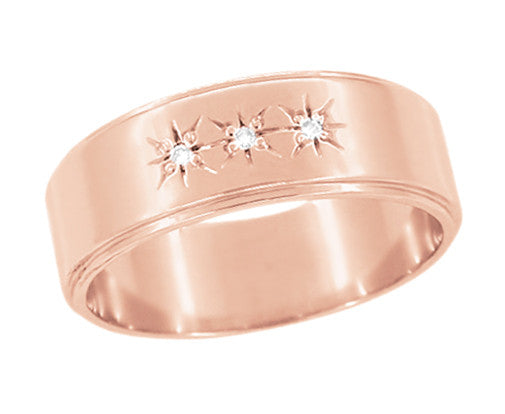 Vintage 1950's Style Rose Gold Three Diamond Starburst Wedding Band - 6mm
