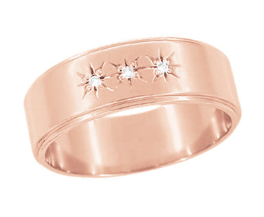 Vintage 1950's Style Rose Gold Three Diamond Starburst Wedding Band - 6mm