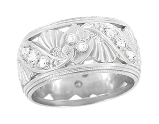 Retro 1950s Filigree Very Wide Vintage Diamond Wedding Band 9.5mm Wide - R472D