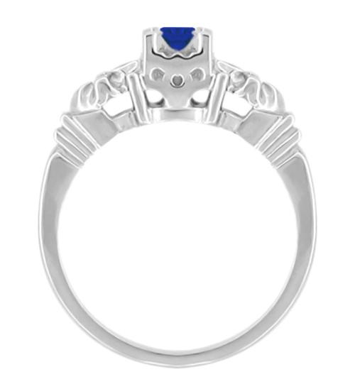 Side Filigree View of Retro Moderne Starburst Vintage Blue Sapphire Engagement Ring in White Gold - R481WS