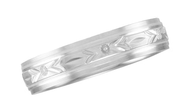 Mens 1930s Vintage Floral Grooved Wedding Band in White Gold - 5mm Wide - R4881