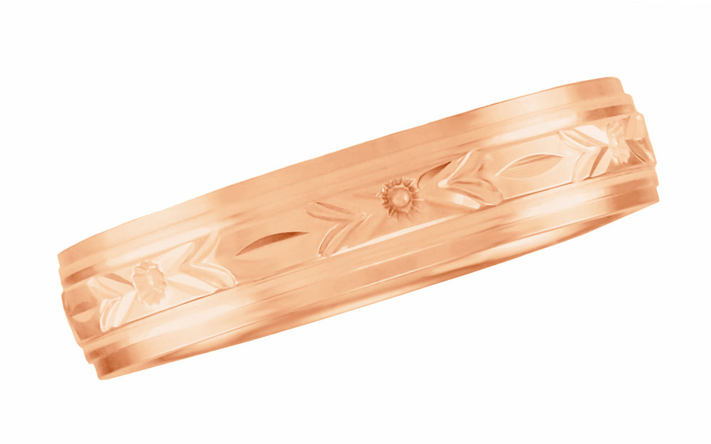 5mm Rose Gold Antique Mens Wedding Ring 1930s Era Carved Floral Grooved Design - R4881R