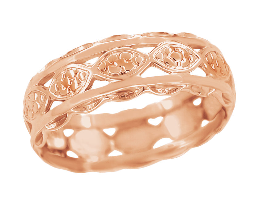 Rose Gold Art Deco Sculptural Floral Scalloped Filigree Wedding Band - 6.5mm Wide