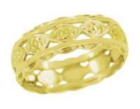Art Deco Yellow Gold Scalloped Floral Open Filigree Wide Wedding Band - 6.5mm