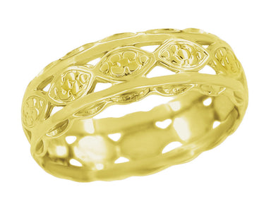Art Deco Yellow Gold Scalloped Floral Open Filigree Wide Wedding Band - 6.5mm