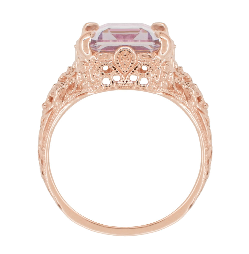 14 Karat Rose Gold Edwardian Filigree Emerald Cut Rose de France Ring - Item: R618RRDF - Image: 3