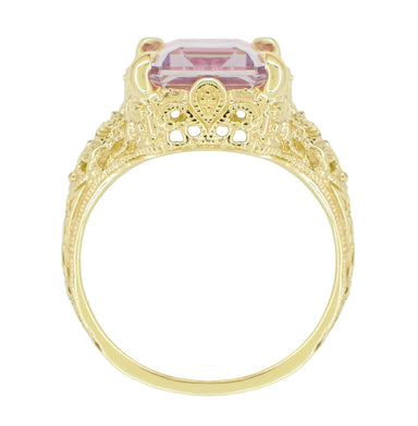 Yellow Gold Edwardian Filigree Emerald Cut Rose de France Ring - alternate view