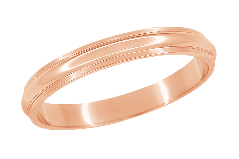 14K Solid Rose Gold Grooved Edge Mid Century Modern Vintage 3mm Wide Domed Wedding Band - Flat Inside - R619R