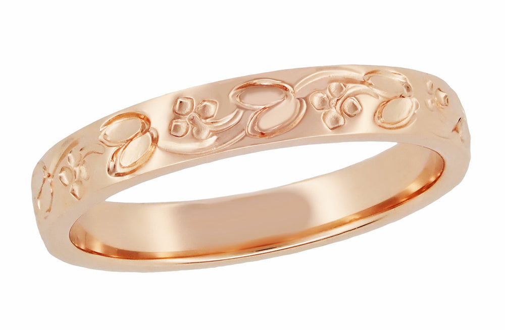 14K Rose Gold Art Deco Carved Leaves and Flowers Vintage Wedding Band